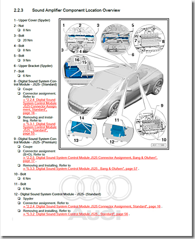 Audi R8, Sound Amplifier Component Location Overview